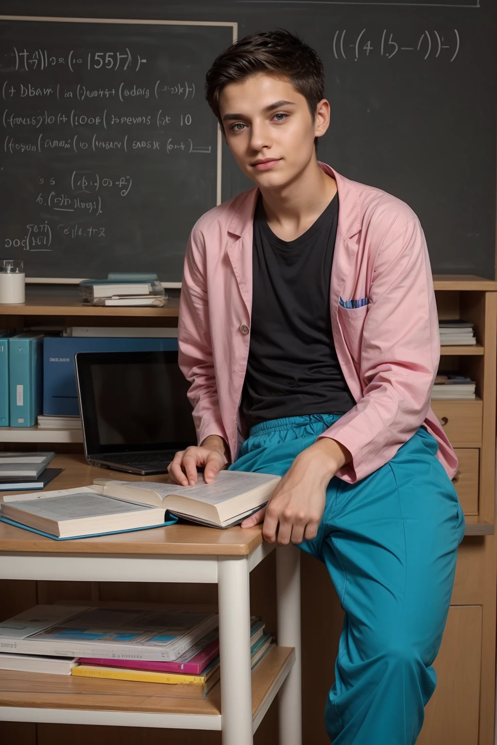 A cute, beautiful twink male young man with a face with makeup and black hair. He is wearing a long-sleeved, pink shirt and aqua blue pants. He is in his scientific office, sitting with medical scientific books next to him, and behind him is a blackboard with calculus written on it. Neon waves emerge from the blackboard.  The scientific office is a medical model and he looks proudly as he is a genius in medicine