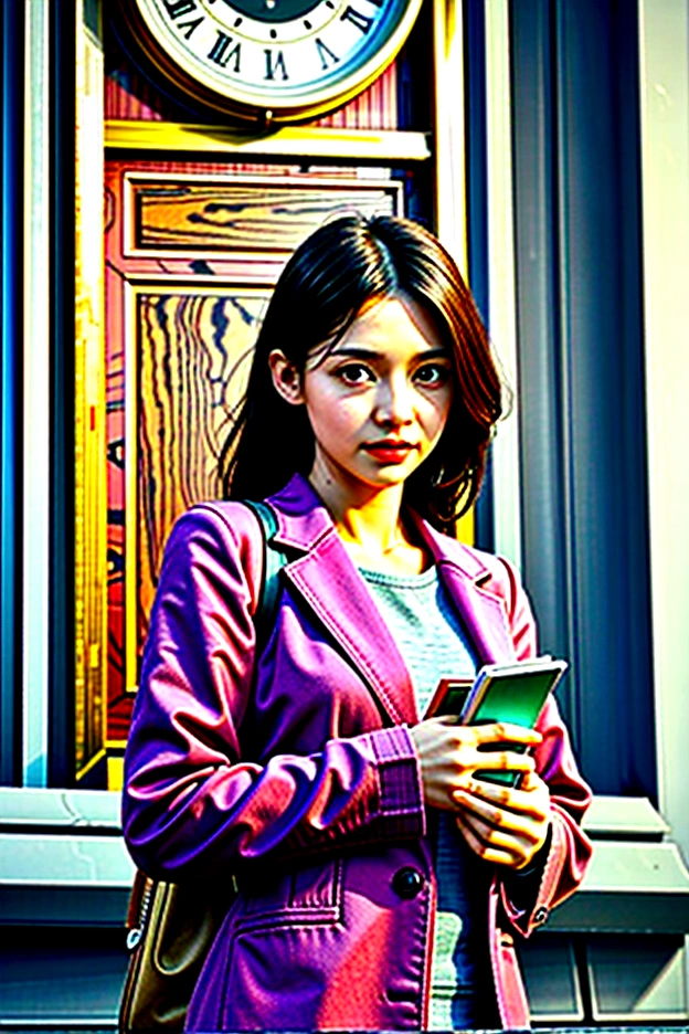 Beautiful woman holding a book standing in front of the clock tower,