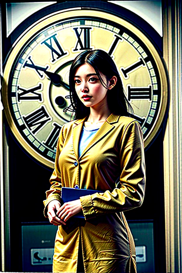 Beautiful woman holding a book standing in front of the clock tower,