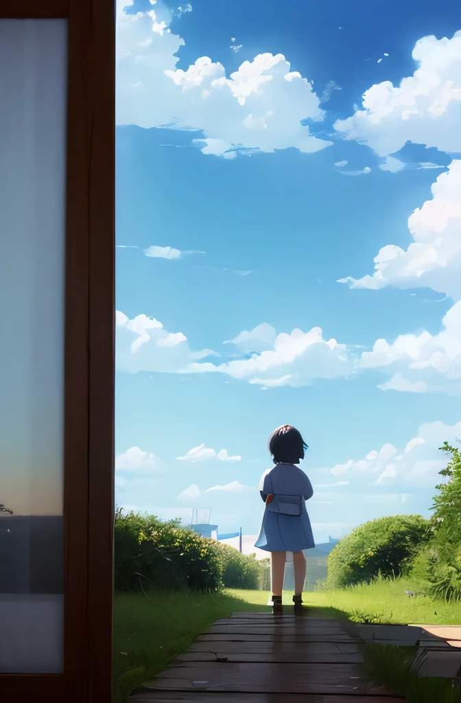 (masterpiece, 最high quality, high quality, High resolution:1.4)Hayao Miyazaki,Back view,Children,cloud,blue sky