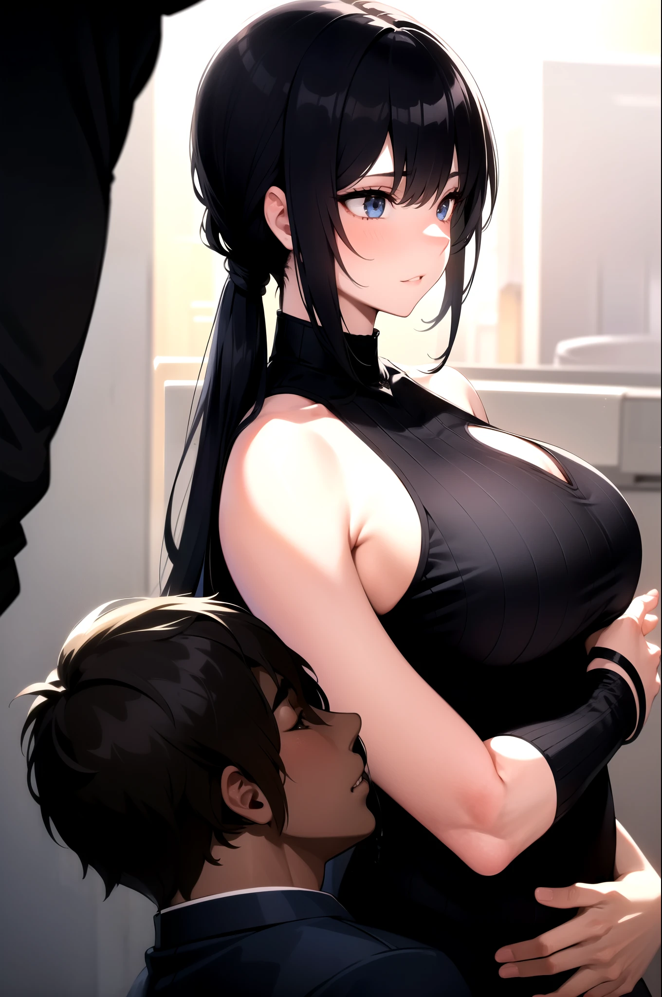 One girl, boy, From the side, Look to the side, Slender beautiful girl、 Macho faceless giant、masterpiece, Highest quality, Very detailed、man holding girl's shoulders