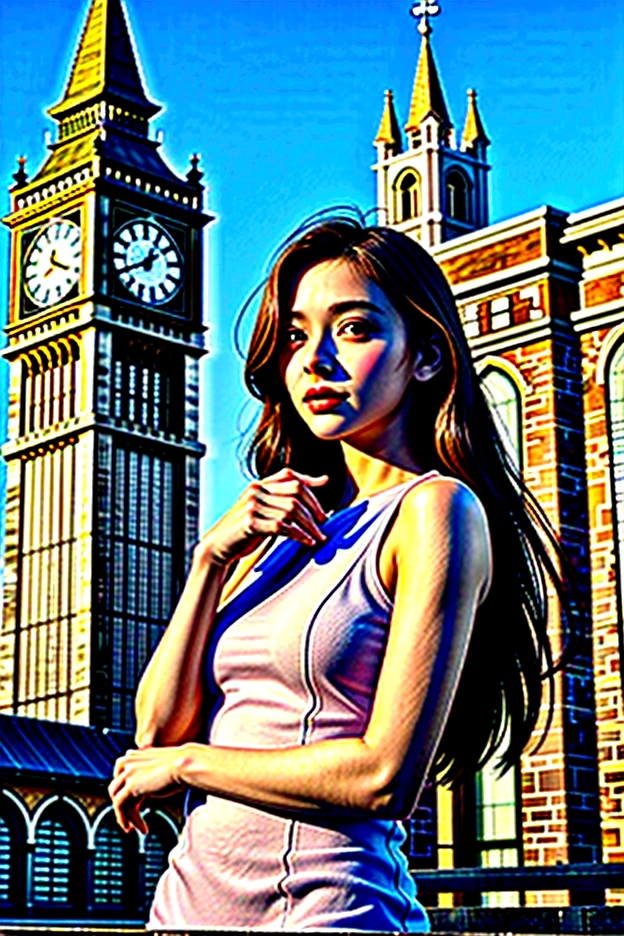 Beautiful woman holding a book standing in front of the clock tower,