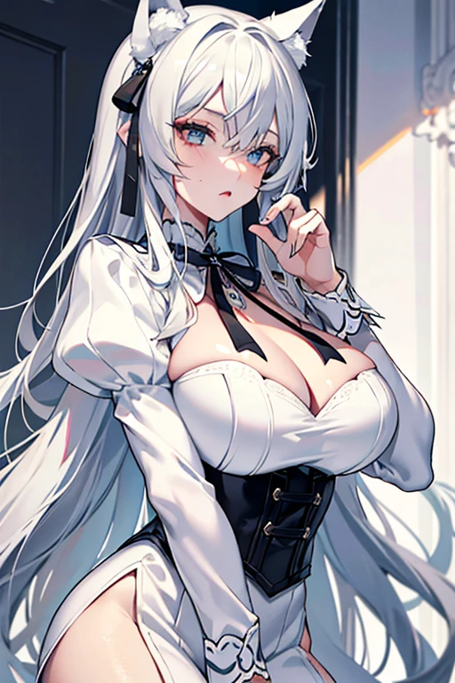 best qualtiy,tmasterpiece,The is very detailed,4K,Gray hair and shallow eyes,Drag cool expressions,Wolf ears,Erect scar on the left eye,British style,1girl,Absolutely beautiful, big bust, white costume, ear ribbon