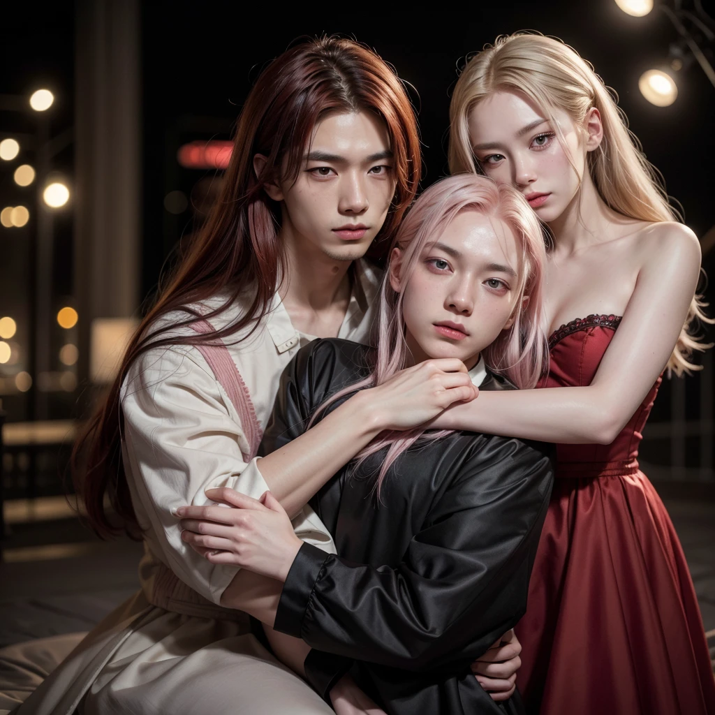 1 young asian man with shoulder-length red hair,pink eyes,feminine clothes,1 tall young asian albino man with long silver hair,black victorian-style expensive clothes,hugging each other,gay couple,best quality,4k,8k,highres,masterpiece:1.2,ultra-detailed,realistic,photorealistic,photo-realistic:1.37,HDR,UHD,studio lighting,ultra-fine painting,sharp focus,physically-based rendering,extreme detail description,professional,vivid colors,bokeh,portraits,romance