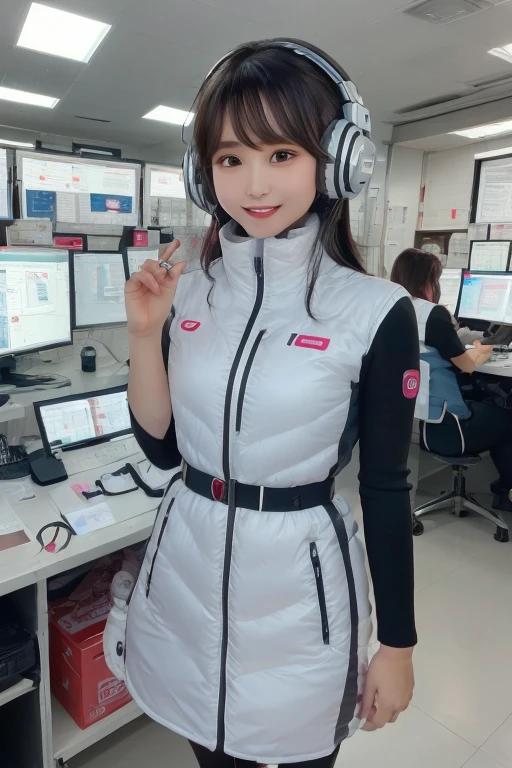 masterpiece, Highest quality, Very detailed, 8K Portrait,Japanese Android Girl,plump , Control panel,Robotic arms and legs, Blunt bangs,,break (Metallic Gray, Metallic luster, Mirror finish, Astro Best):5,headphone:5,break (Black sleeves):100,Smart Watches,Futuristic space station,Control Room,break headphone,blue eyes,(Black Hair):2,(Long Hair):1.3,Displaying the viewer,(respirator),break blush:3,Hidden Hand,smile