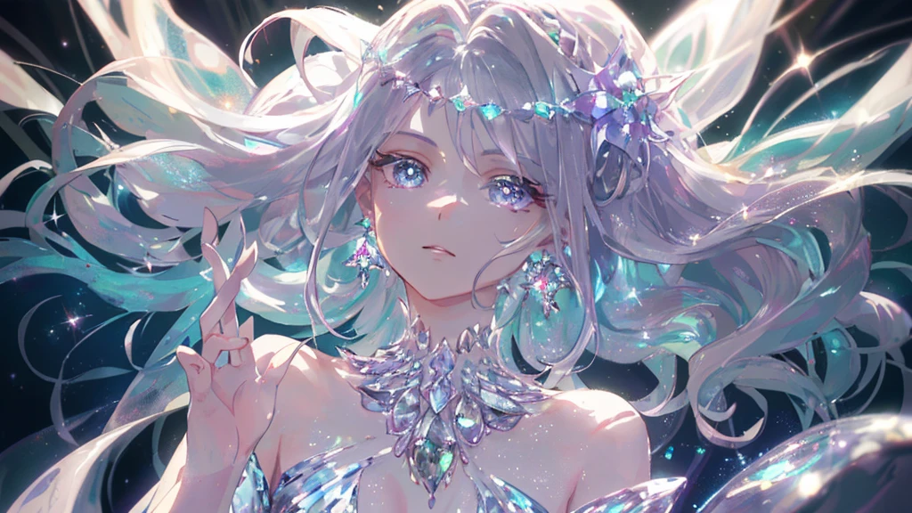 masterpiece, highest quality, figure, alexandrite eyes and hair, platinum earrings, Platinum Necklace, white dress, The Little Mermaid, cute, (dynamic lighting:1.2), cinematic lighting, delicate features, fine eyes, sharp pupils, realistic student, Depth of bounds written, Bokeh, sharp focus, (very detailed, bloom, shine:1.4), Many Small Gems