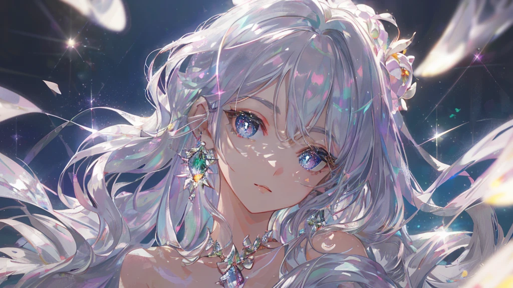 masterpiece, highest quality, figure, alexandrite eyes and hair, platinum earrings, Platinum Necklace, white dress, The Little Mermaid, cute, (dynamic lighting:1.2), cinematic lighting, delicate features, fine eyes, sharp pupils, realistic student, Depth of bounds written, Bokeh, sharp focus, (very detailed, bloom, shine:1.4), Many Small Gems