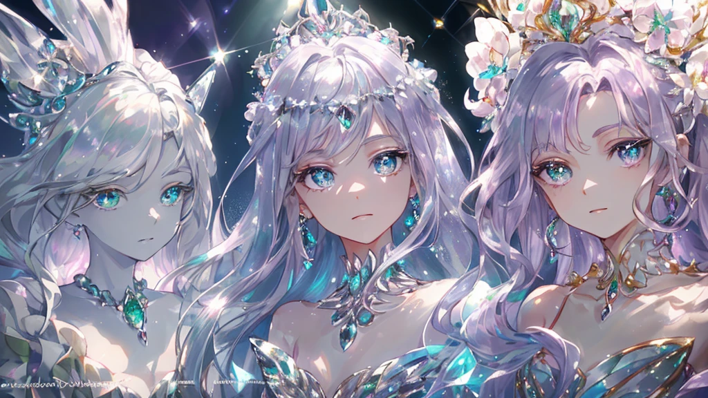 masterpiece, highest quality, figure, alexandrite eyes and hair, platinum earrings, Platinum Necklace, white dress, The Little Mermaid, cute, (dynamic lighting:1.2), cinematic lighting, delicate features, fine eyes, sharp pupils, realistic student, Depth of bounds written, Bokeh, sharp focus, (very detailed, bloom, shine:1.4), Many Small Gems