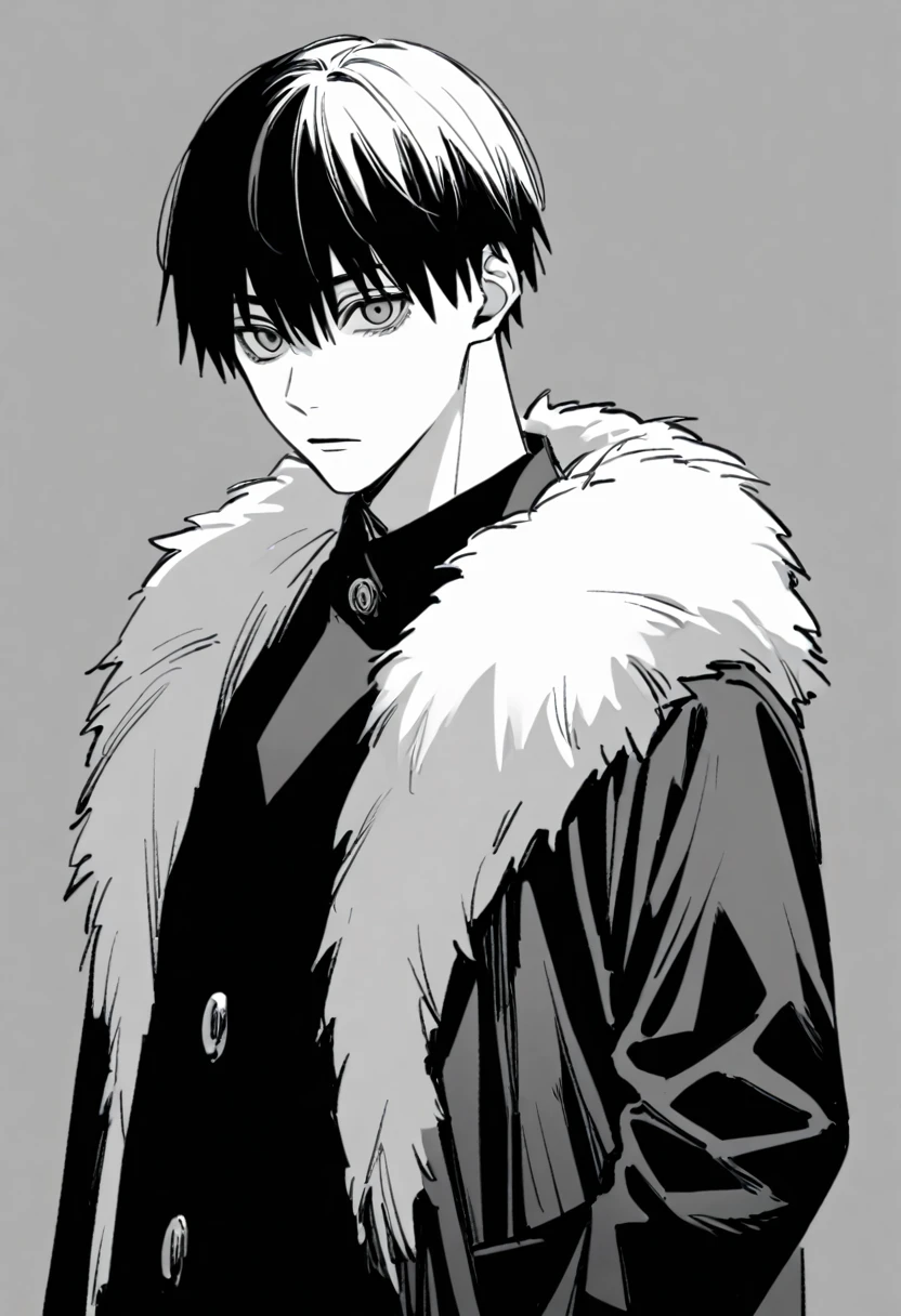 yuto-sano, 1boy, Kaneki, black hair, black suit, black long sleeves, fur coat, elegant, monochrome, solo, greyscale, male focus, looking at viewer