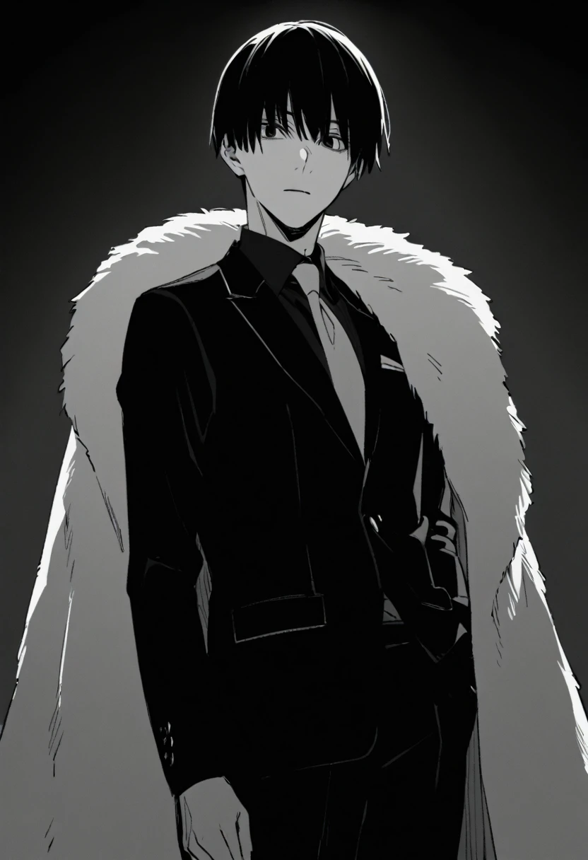 yuto-sano, 1boy, Kaneki, black hair, black suit, black long sleeves, fur coat, elegant, monochrome, solo, greyscale, male focus, looking at viewer