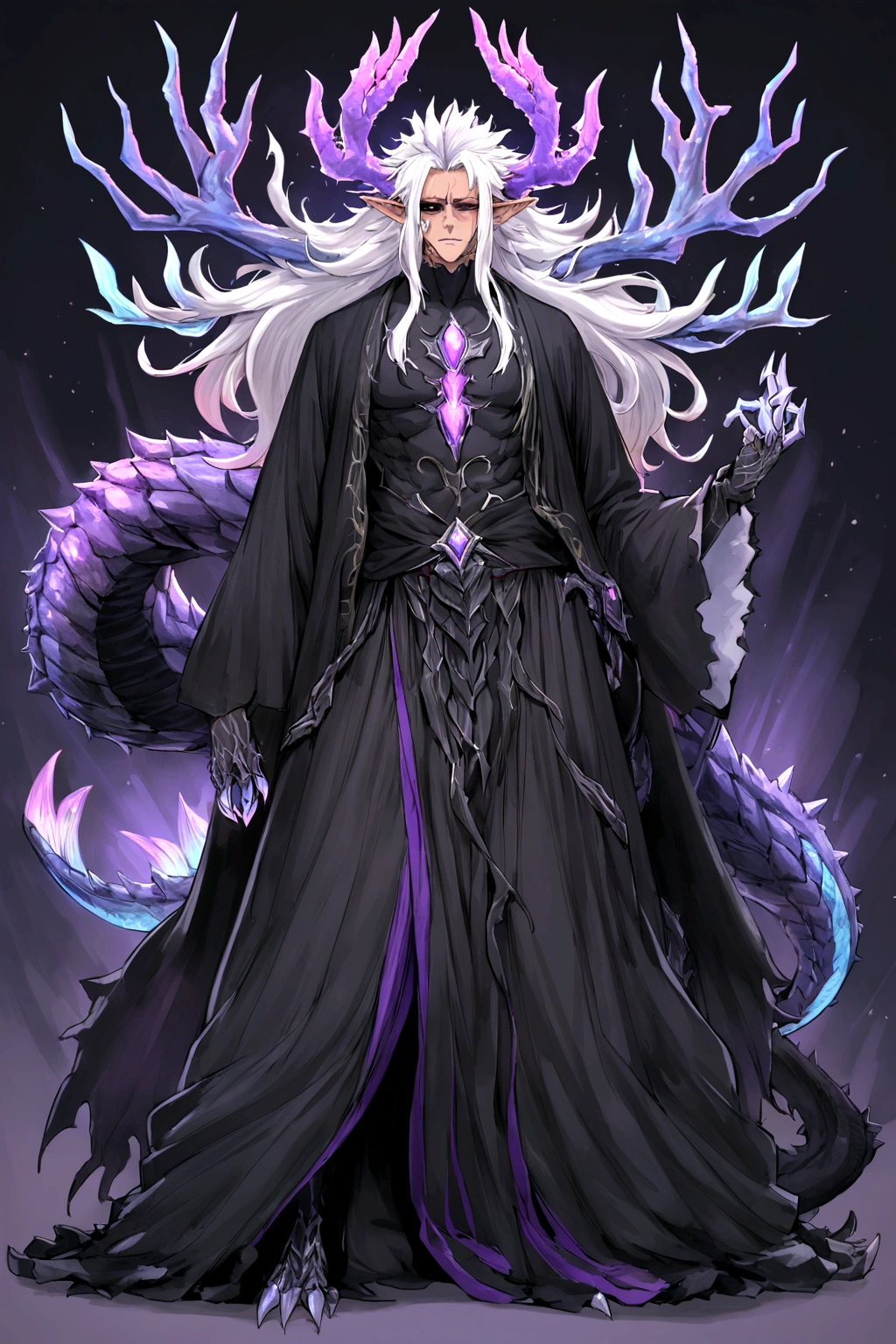 solo, 20 year old male, character fusion,  nidhogg fused with odin and sun wukong, tall tanned man with wild unruly white hair, bangs on face, bangs, ((iridescent irises)), black sclera on eyes, long voluminous hair, spiky hair, pointy ears, fit , clawed fingers, dragon tail, open haori, turtleneck tanktop, manly jaw, dark crystal antlers, exhausted expression, khaenr'ah abyss, draconic person, calamity incarnate,  full body