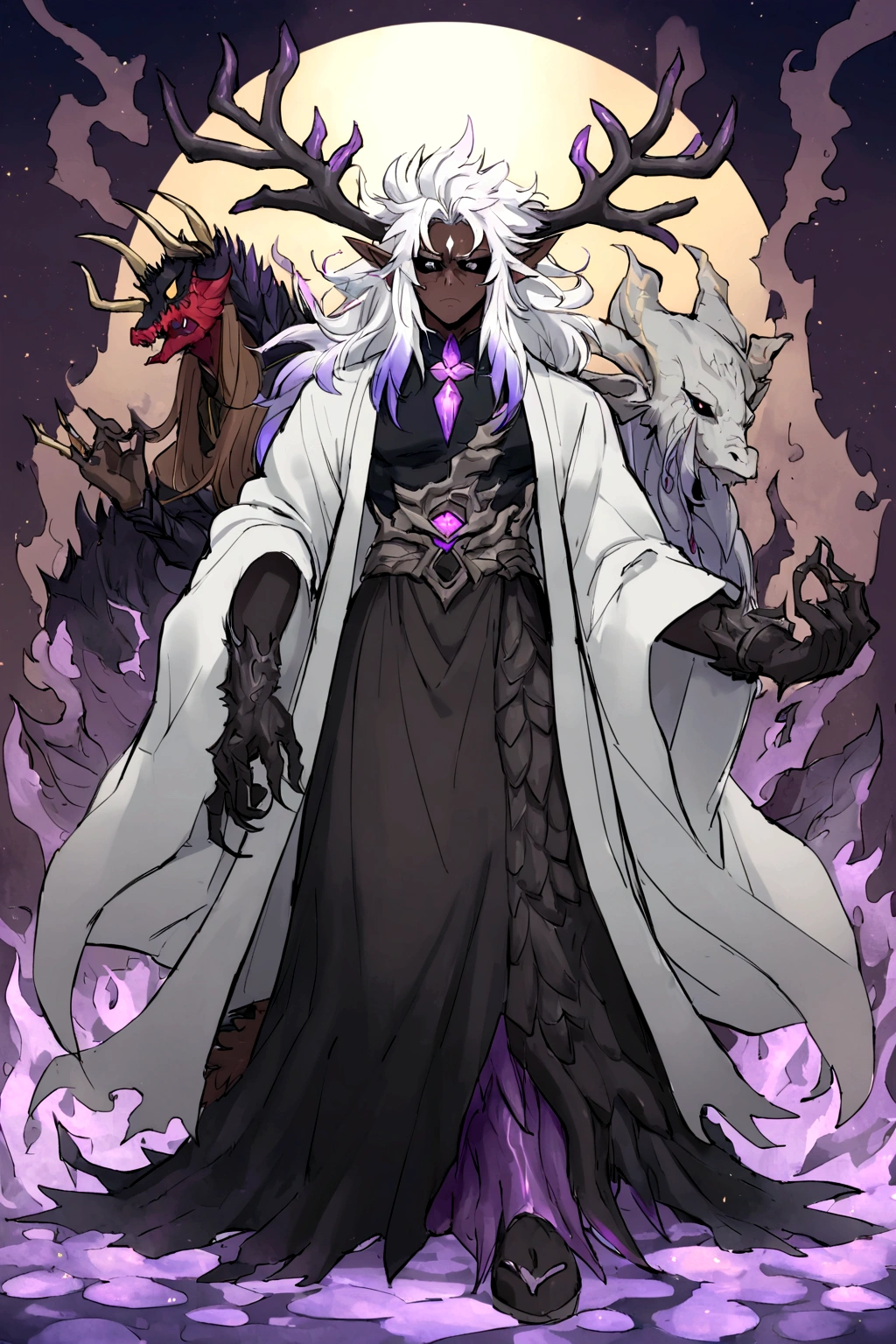 solo, 20 year old male, character fusion, nidhogg fused with odin and sun wukong, tall tanned man with wild unruly white hair, bangs on face, bangs, ((iridescent irises)), black sclera on eyes, long voluminous hair, spiky hair, pointy ears, fit , clawed fingers, dragon tail, open haori, turtleneck tanktop, manly jaw, dark crystal antlers, exhausted expression, khaenr'ah abyss, draconic person, calamity incarnate, full body