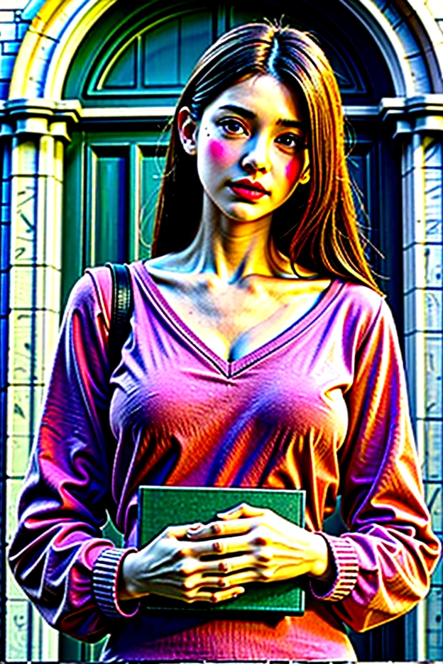 Beautiful woman holding a book standing in front of the clock tower,