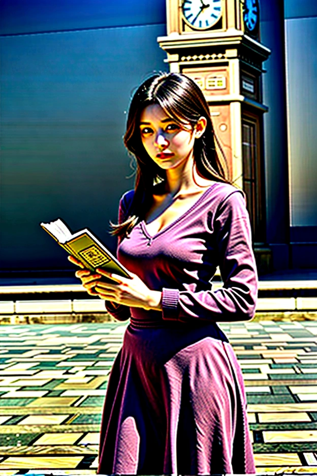 Beautiful woman holding a book standing in front of the clock tower,