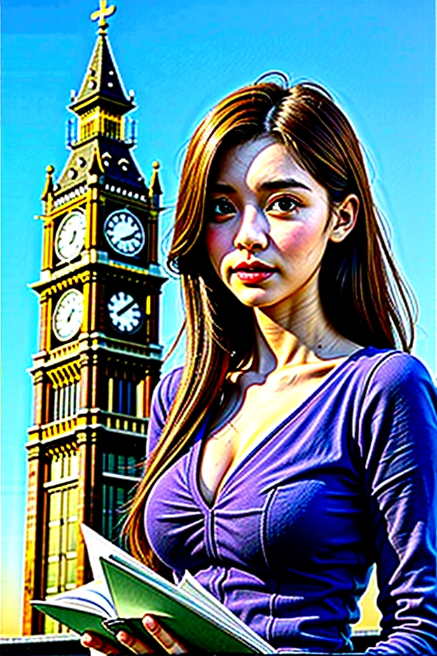 Beautiful woman holding a book standing in front of the clock tower,