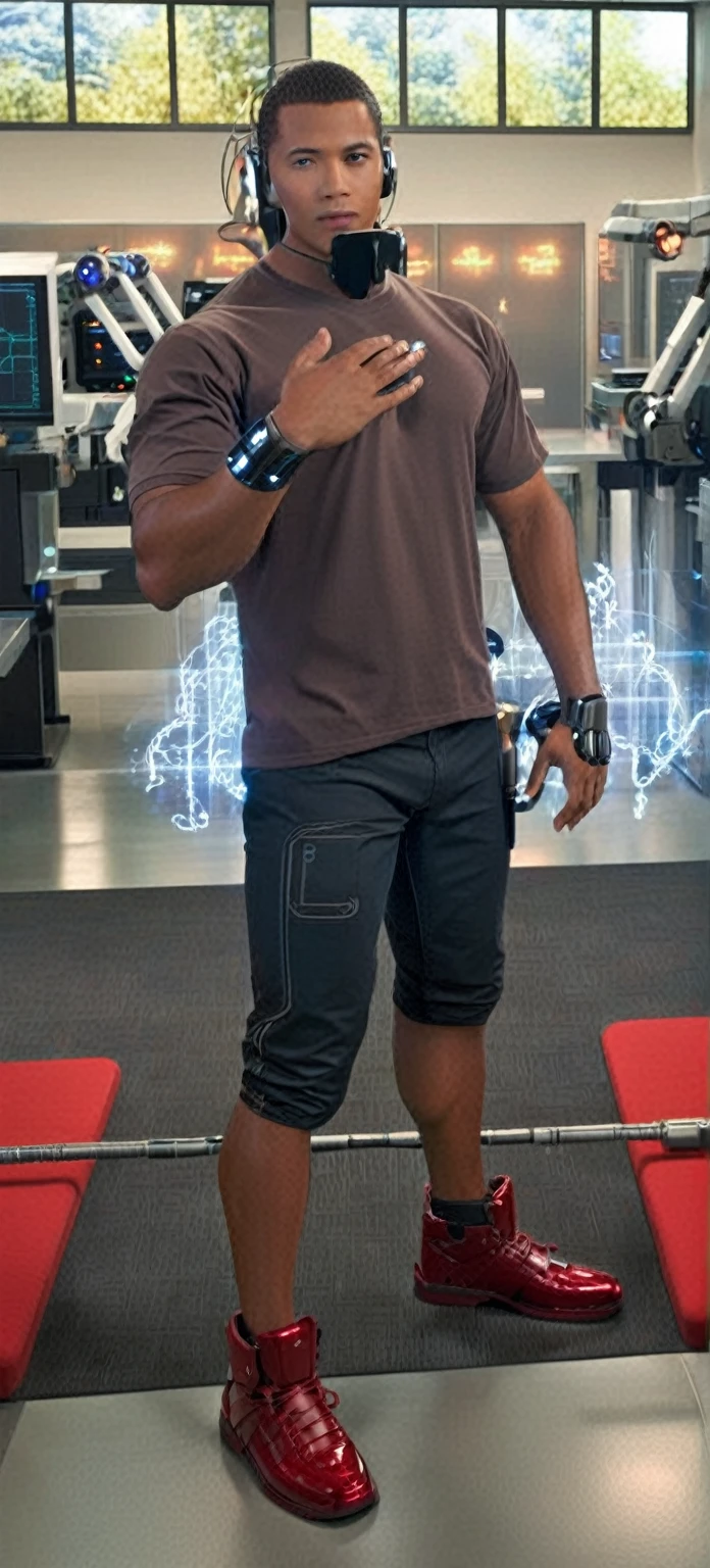8k, high quality , detailed face , detailed hands , detailed muscles , stephen amell standing and  posing in a gym hall  ,very manly stand ,standing with spread legs, showing his muscles and bulge , background brick wall with lot of  posters 