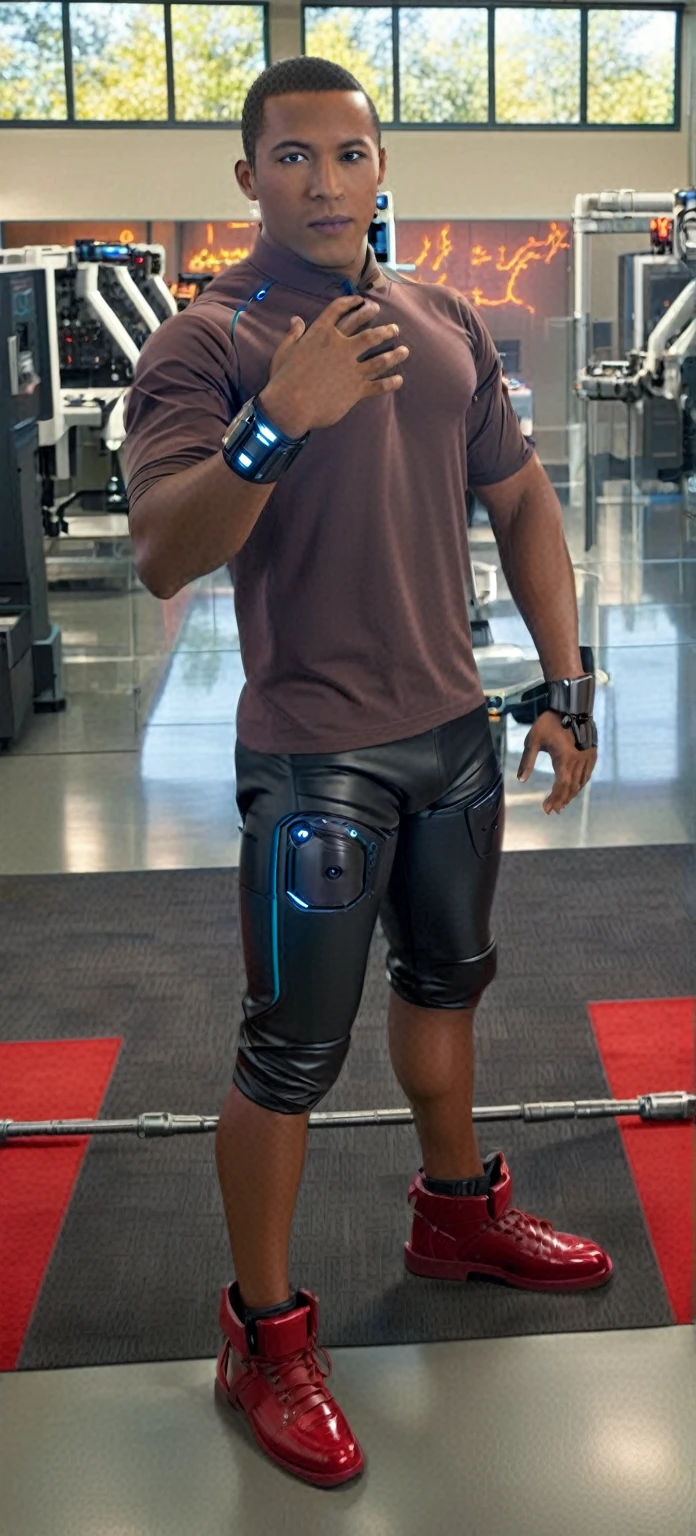 Positive prompt: In the heart of a futuristic laboratory, a cybernetically enhanced male scientist stands tall, His eyes gleam with intelligence and determination as he studies complex data streams on his holographic interface, Adorned in an advanced mecha suit that hums softly with power, he exudes an air of authority and mastery over the technology around him, One robot eye scans the room while the other remains fixated on his work, a testament to both his humanity and machine-like precision,