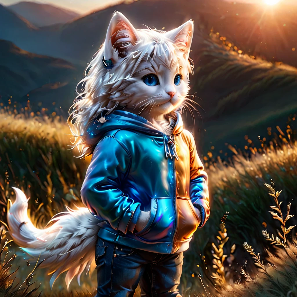 best quality, detailed, hyper detailed, beautiful, 8K, absurdres, village, a kitty, happy, smiling, standing, looking to the right, white hair, blue eyes, chibi, plump, hoodie, jeans, 5-year-old, in the grassland, in the afternoon, fantasy, photorealistic, ultra realistic photo, 3D render, anthropomorphism, full body shot, on right, wide view, rule of thirds, midday, shining lights, dramatic lighting, volumetric lighting, depth of field, dramatic contrast, DarkGoldenrod