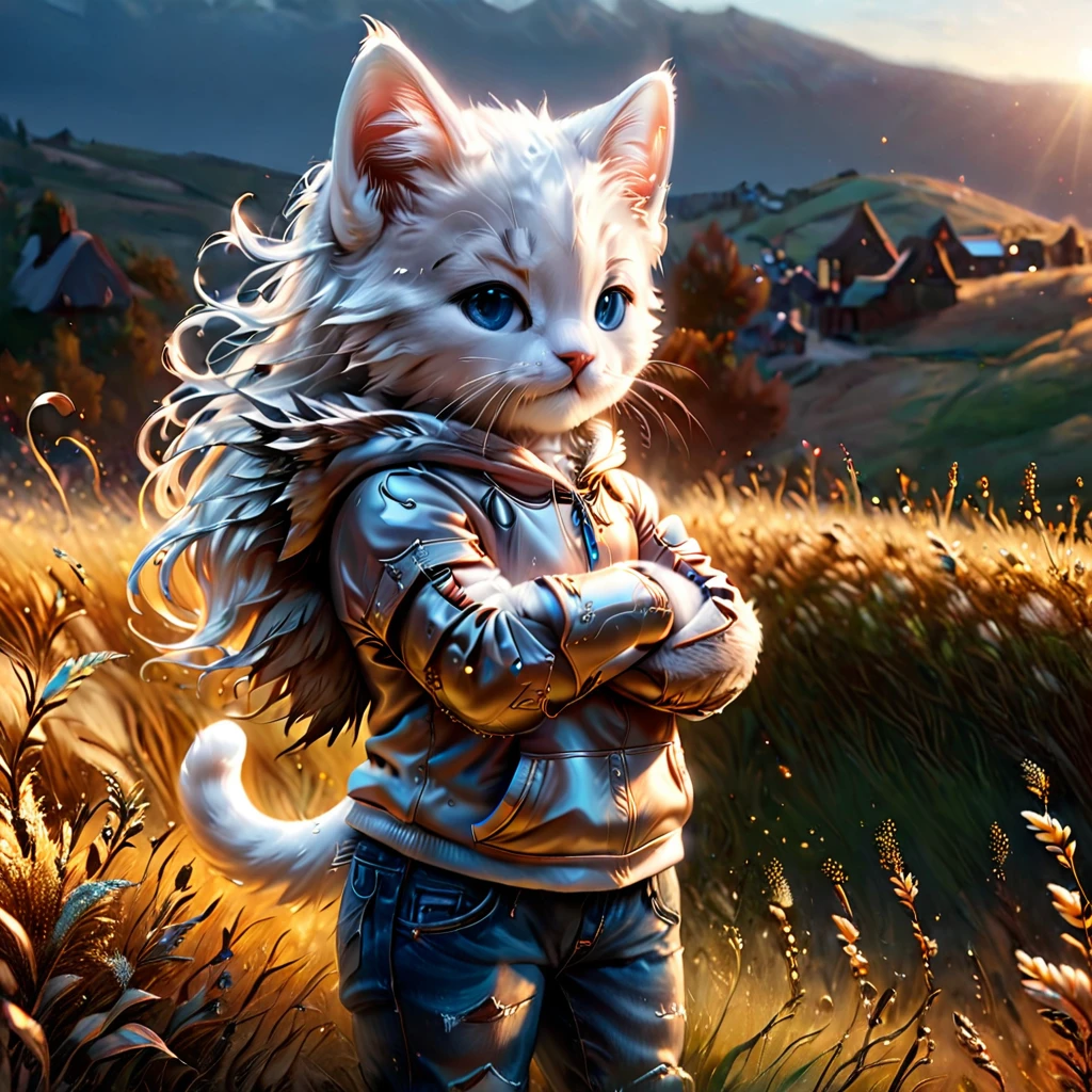 best quality, detailed, hyper detailed, beautiful, 8K, absurdres, village, a kitty, happy, smiling, standing, looking to the right, white hair, blue eyes, chibi, plump, hoodie, jeans, 5-year-old, in the grassland, in the afternoon, fantasy, photorealistic, ultra realistic photo, 3D render, anthropomorphism, full body shot, on right, wide view, rule of thirds, midday, shining lights, dramatic lighting, volumetric lighting, depth of field, dramatic contrast, DarkGoldenrod
