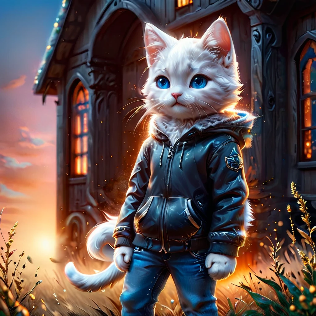 best quality, detailed, hyper detailed, beautiful, 8K, absurdres, village, a kitty, happy, smiling, standing, looking to the right, white hair, blue eyes, chibi, plump, hoodie, jeans, 5-year-old, in the grassland, in the afternoon, fantasy, photorealistic, ultra realistic photo, 3D render, anthropomorphism, full body shot, on right, wide view, rule of thirds, midday, shining lights, dramatic lighting, volumetric lighting, depth of field, dramatic contrast, DarkGoldenrod