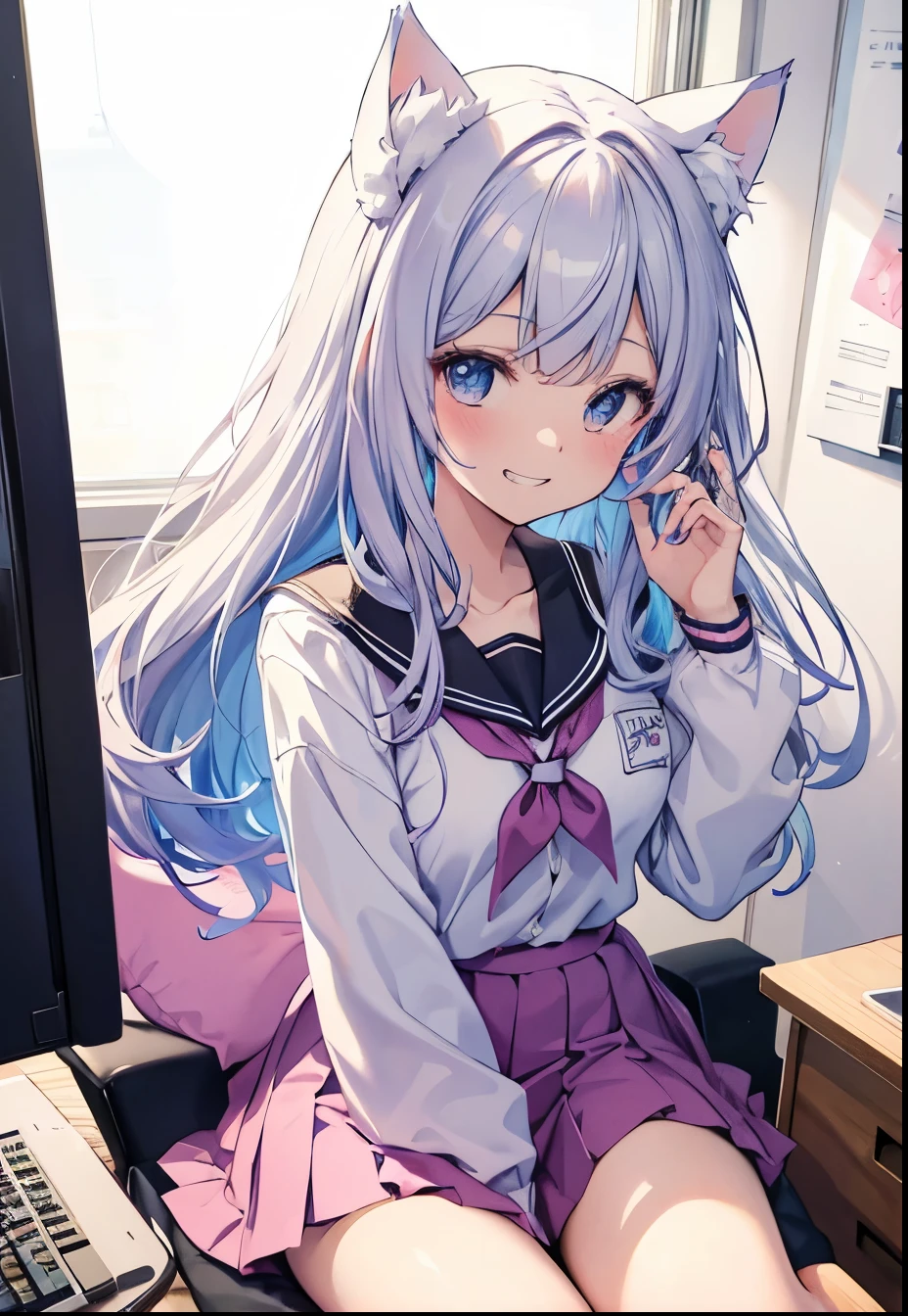 Silver-haired blue eyes、 girl、small breasts、twin tails、laughter、Nico Nico Smile、wearing a knit cardigan、wink、 girl、Looks about 15 years old、Petan Musume、girl、uniform、 girl、doing peace、accessories、ear piercing、Cute Hairpins、hair ornaments、Gal-like、are at school