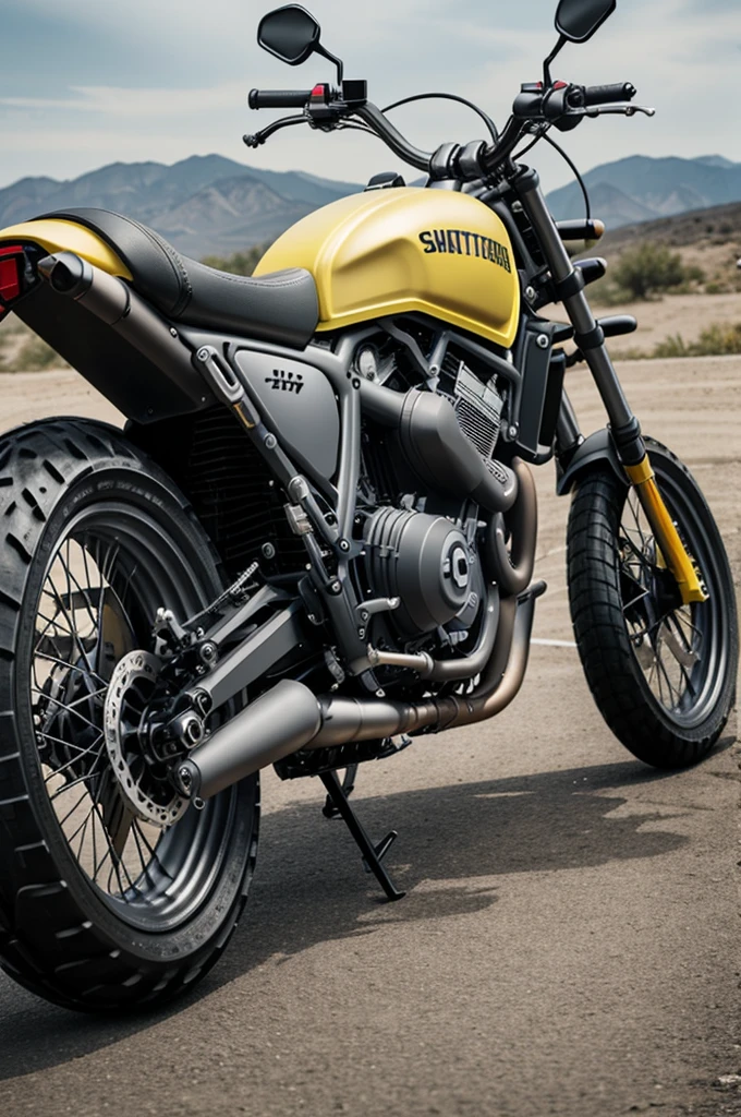 Matte gray scrambler motorcycle with details no greater than 15% yellow color with red gas tank 