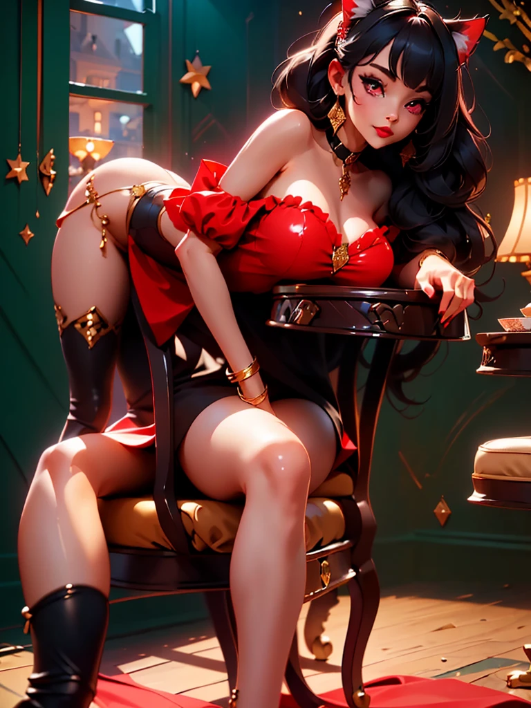 ((point of view)), ((junkotvv)) ((cat ears)), ((in love, she is in love, she loves the viewer))((romantic dinner date, champagne, Canddles)) ((tall and sexy russian supermodel)) ((beautiful face)) ((wide and happy smile)) ((bright red lipstick)) ((very dark eyeshadow makeup)) ((Big bright red eyes)) ((very long and messy black hair, fringe)) (()) ((very big chest:1.5)) ((perfect slim body torso1.3)) ((she is wearing a red strapless sequin dress)) ((red choker, earrings, red stockings)) (())((Inside the dark room sit on a chair having a romantic dinner, many Canddles around))(high resolution, DYNAMIC SHADOWS)((photorealistic:1.5)) ((Masterpiece:1.3)) (8k) (Perfect face) ((Best Quality:1.4)) (Perfect hands and eyes)