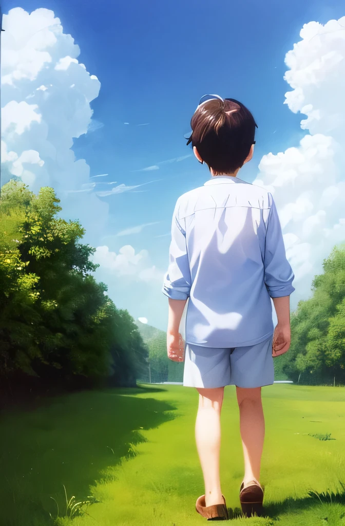 (masterpiece, 最high quality, high quality, High resolution:1.4)Hayao Miyazaki,Back view,Children,cloud,blue sky