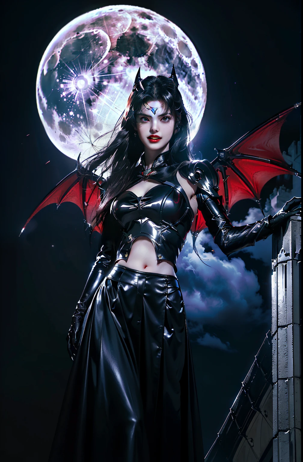 Female vampire in sexy leather armor,(Open your mouth,Show vampire fangs,((teeth:1.1) Vampire mouth),Sharp teeth,(Vampire skin is super white and smooth)、(In the background is a classic western castle,Stone castle,High bell tower,Square high-rise clock tower,Big Moon,full moon,Covered by clouds,The moon stars are rare,)On the back is spread a pair of pitch-black wings,Bat,Soft and cold,((Vampire teeth are surprisingly white,Bare your fangs,Lick your own lips)),A picture of Alaved posing for a photoshoot,His eyes burn like a scorching flame,Emits a terrifying red light。Around his body,It is full of mysterious and deadly energy.。 Sailor Moon. beautiful, Anime Goddess, Real life anime girls,Anime Cosplay, scholar, Anime Figures; Full Body Art, Enchanting anime girl,(((Kojima Fumie style)))