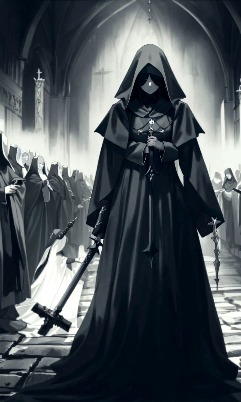 A black and white photograph of a person wearing a hooded robe and holding a sword., dark robes, dark dress, wearing dark robes, dark priest, sacrilegious rite, Holy Inquisition, black robes, dress, occultist, unholy meeting, dark robe, dark fantasy horror art, an evil nun, lucky winner