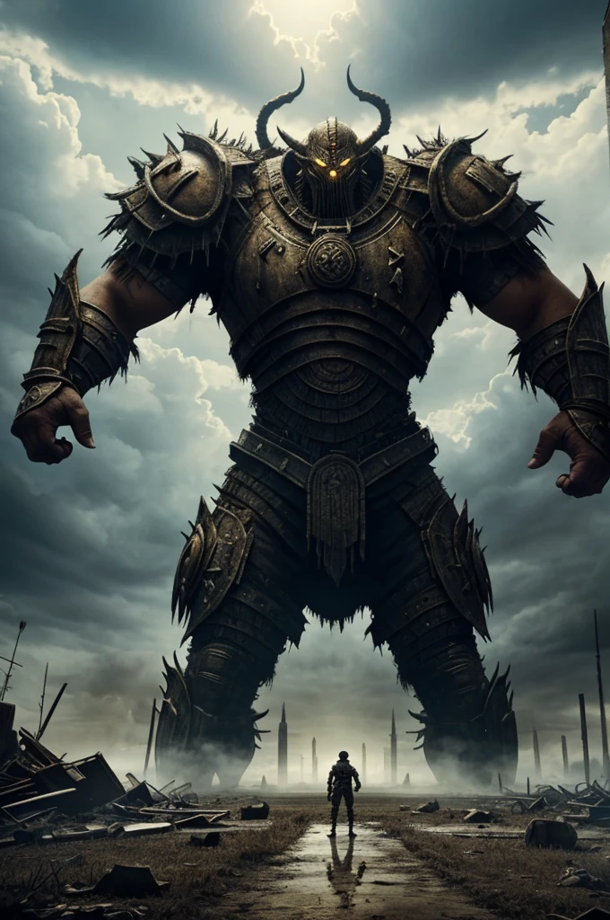 A small warrior standing in front of a giant monster with 8 heads or more, in an apocalyptic world