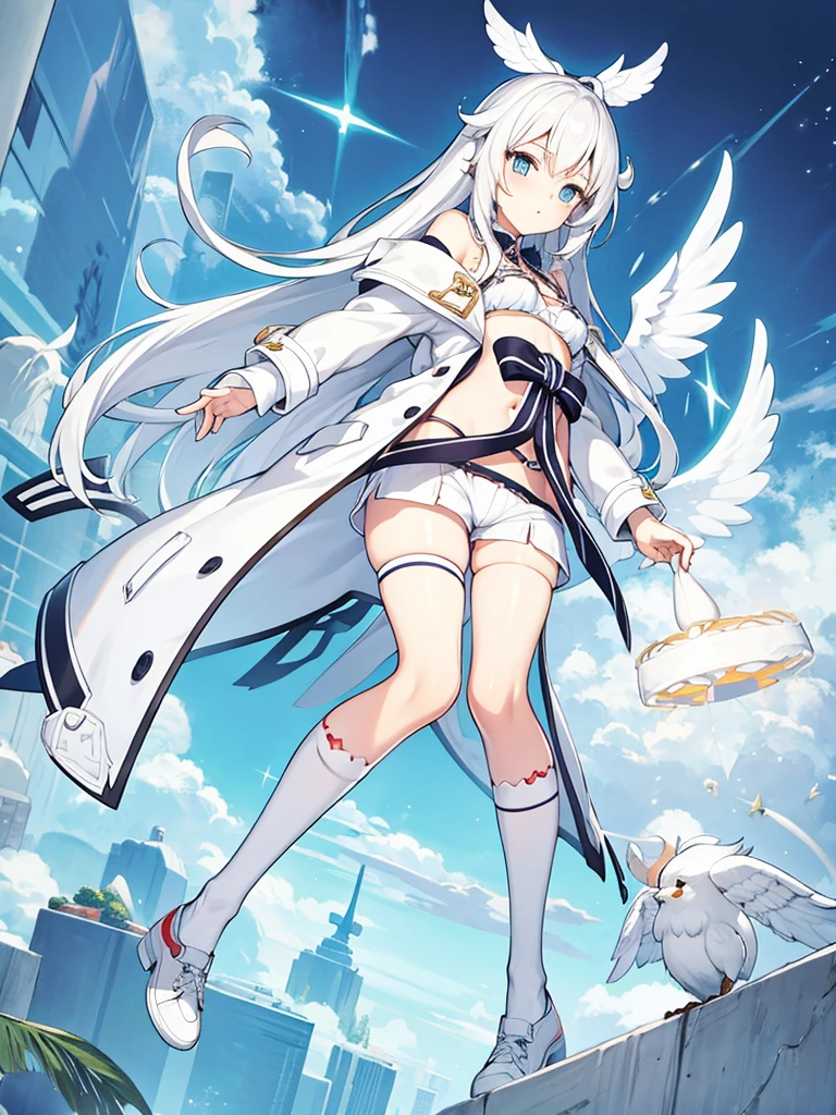 White bikini, knee socks, white wing, Angel, twin tale, concept art, full body, fashion coat, short pants