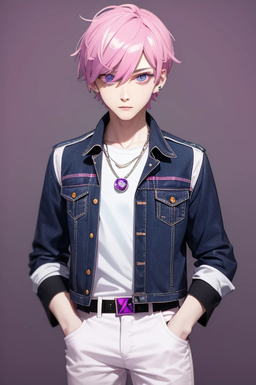 Gumball Handsome 18 year old boy with pale pink hair, pale pink skin, pierced ears, purple eyes, pale purple open jean vest, white shirt with candy print, black belt, red jeans, necklace with blue gem, looking directly at the viewer. a white background.