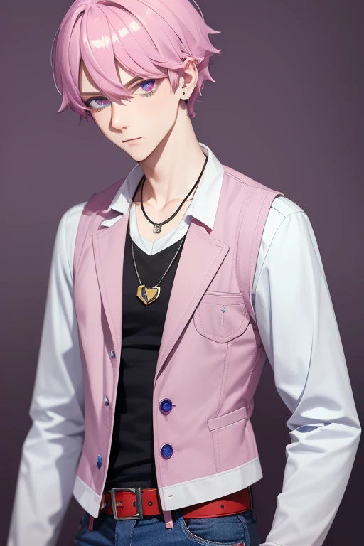 Gumball Handsome 18 year old boy with pale pink hair, pale pink skin, pierced ears, purple eyes, pale purple open jean vest, white shirt with candy print, black belt, red jeans, necklace with blue gem, looking directly at the viewer. a white background.