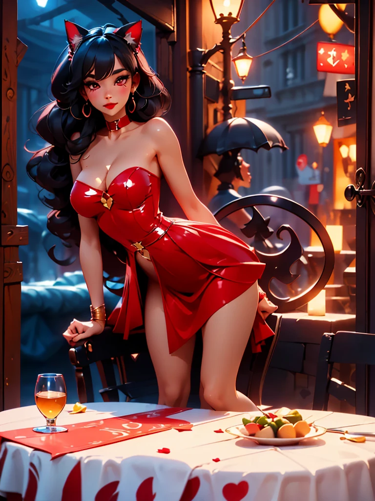 ((point of view)), ((junkotvv)) ((cat ears)), ((in love, she is in love, she loves the viewer))((romantic dinner date, champagne, Canddles)) ((tall and sexy russian supermodel)) ((beautiful face)) ((wide and happy smile)) ((bright red lipstick)) ((very dark eyeshadow makeup)) ((Big bright red eyes)) ((very long and messy black hair, fringe)) (()) ((very big chest:1.5)) ((perfect slim body torso1.3)) ((she is wearing a red strapless sequin dress)) ((red choker, earrings, red stockings)) (())((Inside the dark room sit on a chair having a romantic dinner, many Canddles around))(high resolution, DYNAMIC SHADOWS)((photorealistic:1.5)) ((Masterpiece:1.3)) (8k) (Perfect face) ((Best Quality:1.4)) (Perfect hands and eyes)