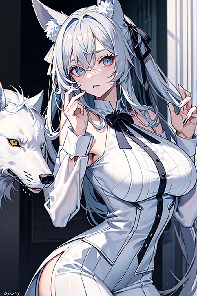 best qualtiy，tmasterpiece，The is very detailed，4K，Gray hair and shallow eyes，Drag cool expressions，Wolf ears，Erect scar on the left eye，British style，1girl，Absolutely beautiful, huge breasts, white costume, ear ribbon