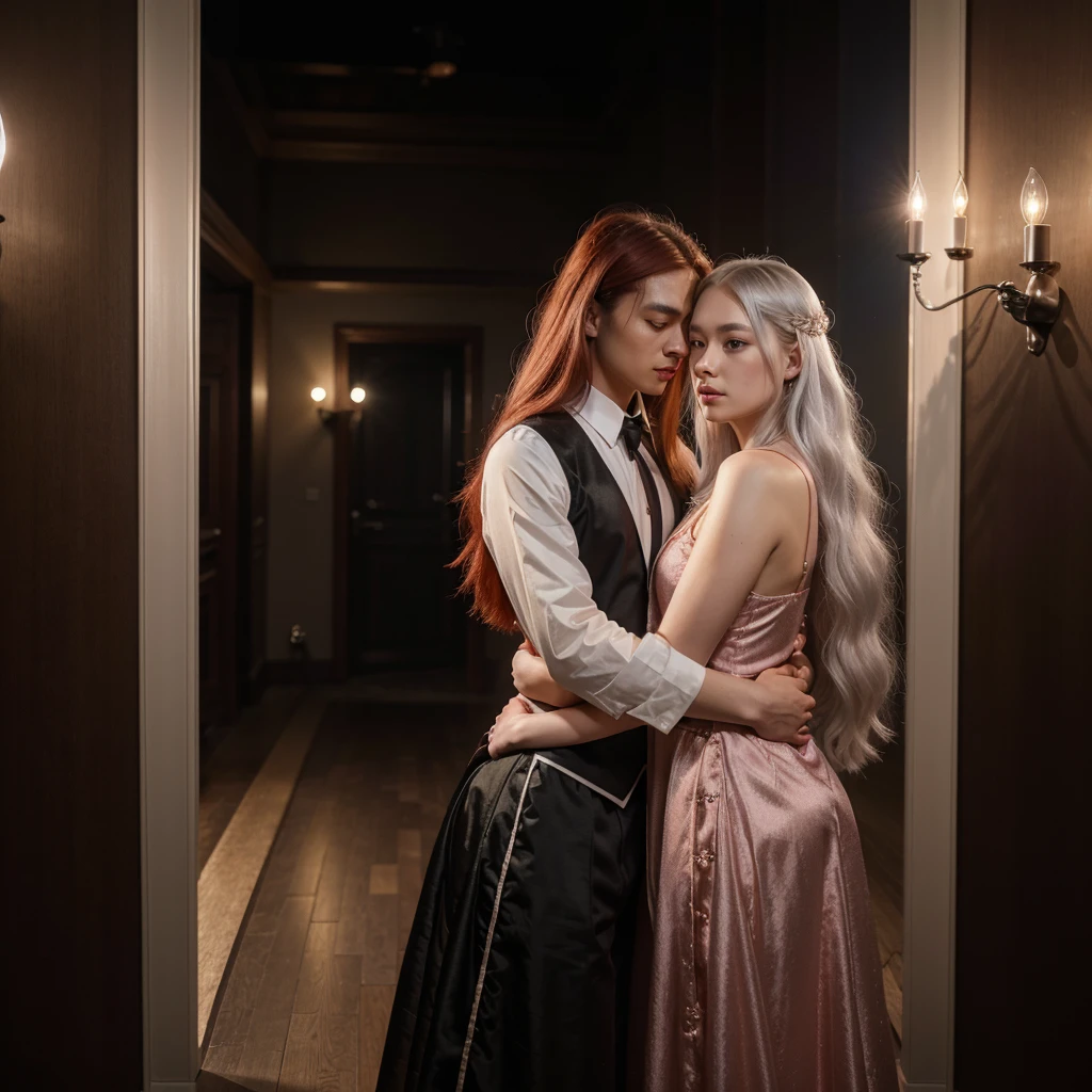1 young asian man with shoulder-length red hair,pink eyes,feminine clothes,1 tall young asian albino man with long silver hair,black victorian-style expensive clothes,hugging each other,gay couple,best quality,4k,8k,highres,masterpiece:1.2,ultra-detailed,realistic,photorealistic,photo-realistic:1.37,HDR,UHD,studio lighting,ultra-fine painting,sharp focus,physically-based rendering,extreme detail description,professional,vivid colors,bokeh,portraits,romance