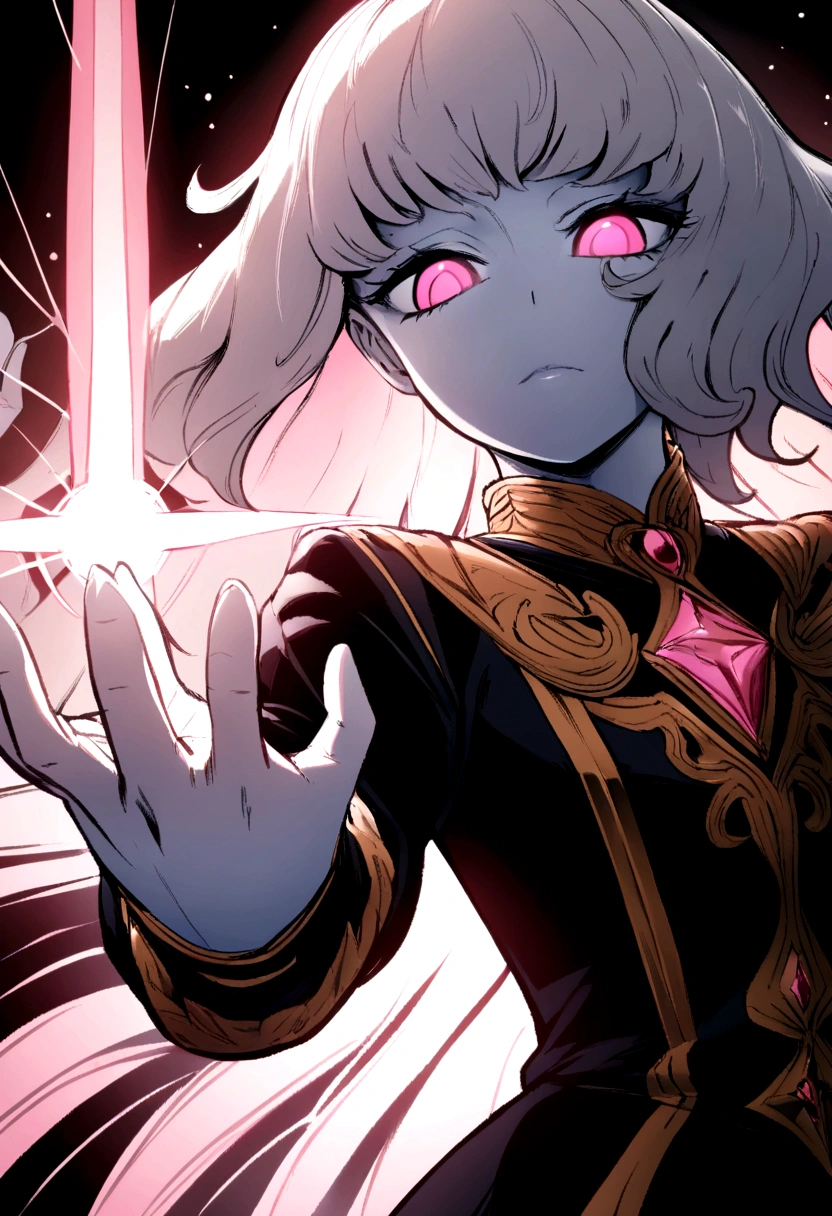 delicate face, By Kohei Horikoshi, Upper part of the body, Human, one, girl, two hands, pink eyes, pelo largo White, pale White skin, beautiful face, light of god, White, uniform, high quality, Degenerate,8k, ultra detailed, dynamic poses, front angle, beautiful light and shadow, detailed decoration, detailed lines, Mysterious,, Fancy, magic