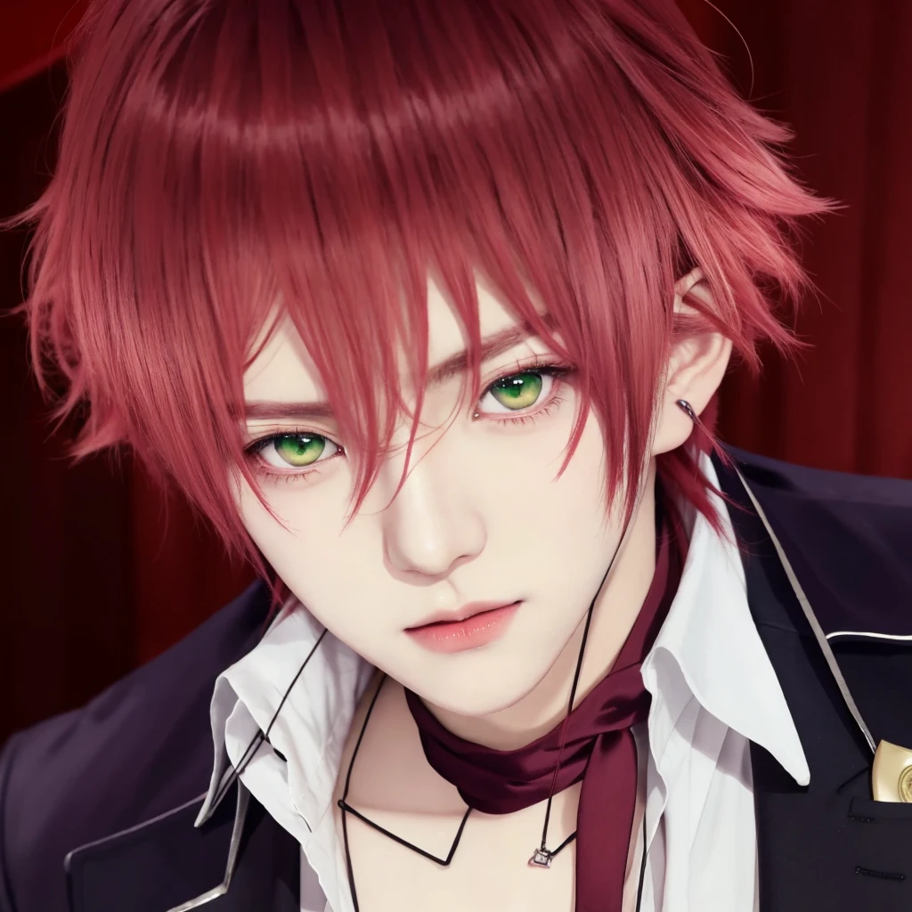 anime boy with red hair and green eyes in a suit, ayato sakamaki, diabolik lovers, anime guy with green eyes, anime handsome man, realistic, ultra details