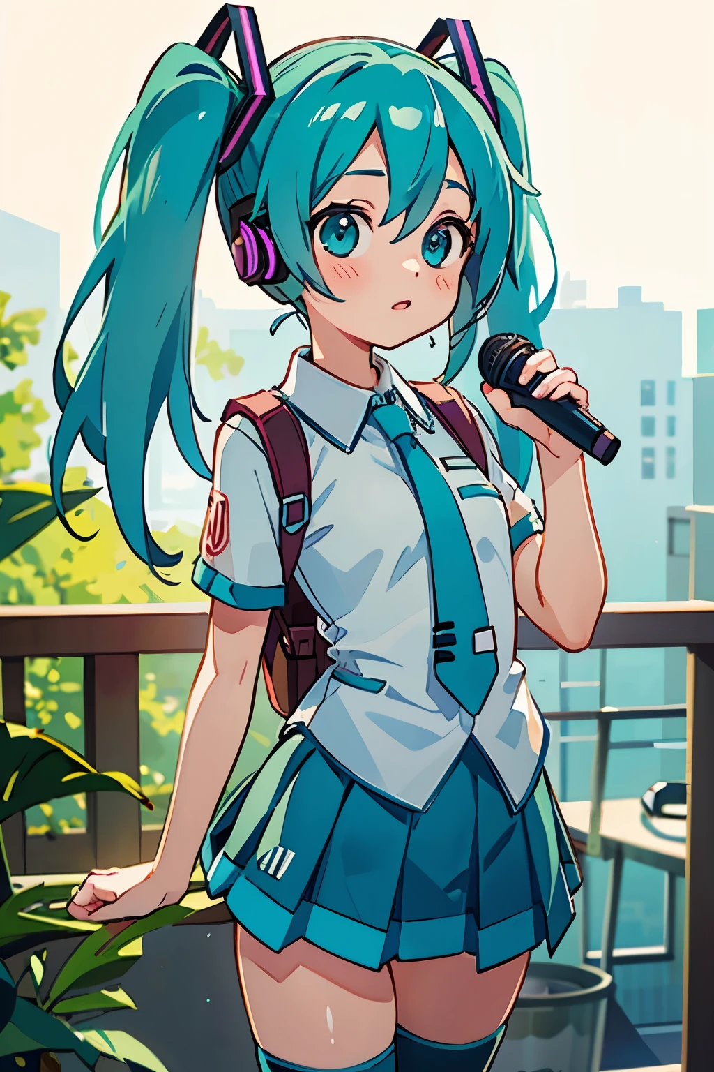 anime girl with long blue hair and a backpack standing in front of a balcony, mikudayo, anime moe artstyle, portrait of hatsune miku, anime girl with teal hair, hatsune miku short hair, anime style 4 k, hatsune miku portrait, hatsune miku, anime art wallpaper 8 k, anime wallpaper 4k, anime wallpaper 4 k, hatsune miku, 1girl, cute anime girl, turquoise blue hair, twin tails, detailed facial features, beautiful detailed eyes, beautiful detailed lips, extremely detailed face, longeyelashes, school uniform, pleated skirt, thigh-high socks, headphones, holding microphone, glowing neon sci-fi background, digital art, 8k, high resolution, photorealistic, cinematic lighting, vibrant colors, intricate details