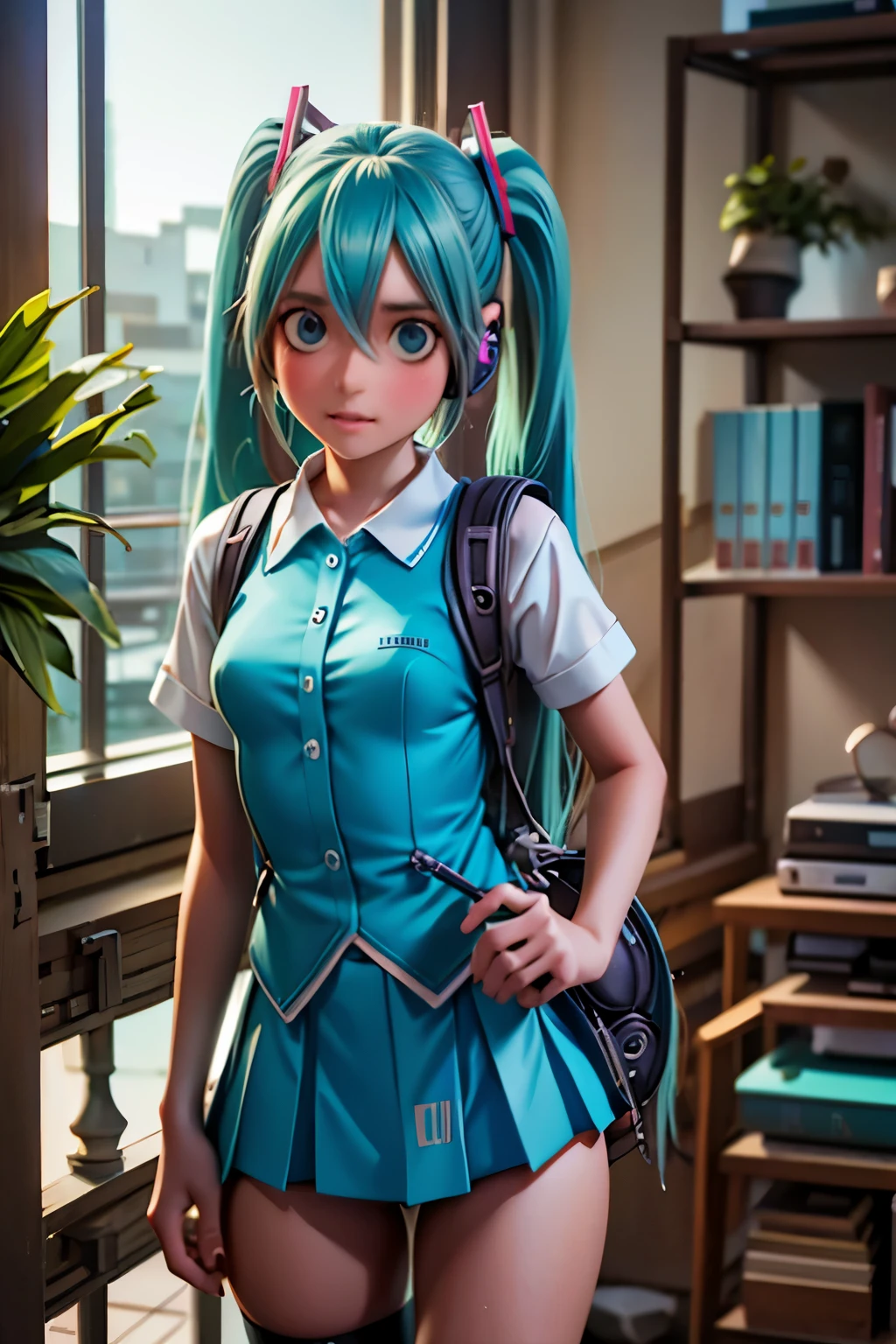 anime girl with long blue hair and a backpack standing in front of a balcony, mikudayo, anime moe artstyle, portrait of hatsune miku, anime girl with teal hair, hatsune miku short hair, anime style 4 k, hatsune miku portrait, hatsune miku, anime art wallpaper 8 k, anime wallpaper 4k, anime wallpaper 4 k, hatsune miku, 1girl, cute anime girl, turquoise blue hair, twin tails, detailed facial features, beautiful detailed eyes, beautiful detailed lips, extremely detailed face, longeyelashes, school uniform, pleated skirt, thigh-high socks, headphones, holding microphone, glowing neon sci-fi background, digital art, 8k, high resolution, photorealistic, cinematic lighting, vibrant colors, intricate details