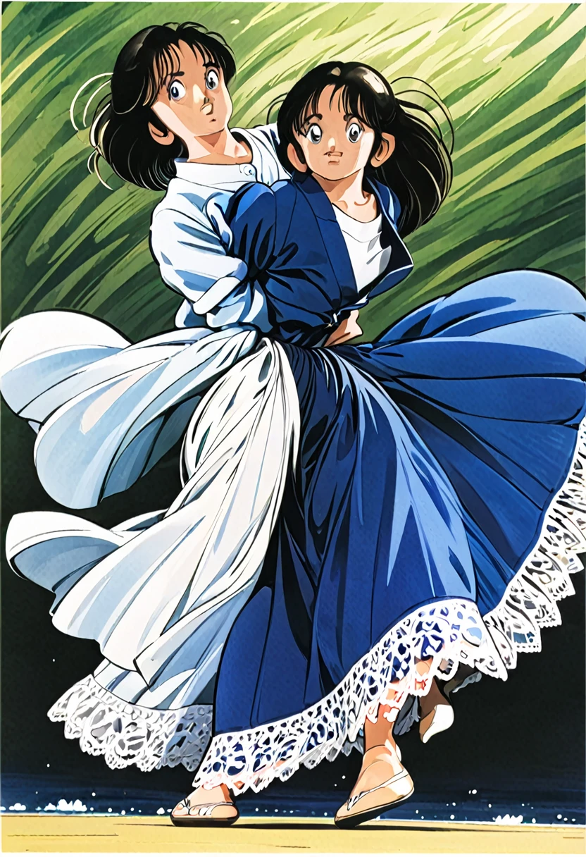 音無響子制服のLong skirt、The color is dark blue、
Low - Angle、制服のLong skirt、The color is dark blue、
Low - Angle、Long skirt、Hold down your skirt that is being blown up by the strong wind、Anime white panties in a strong wind、Crotch is visible
ローレグのパンツ、Color: White、
Crotch is visible、
、Lined、White lace lining、