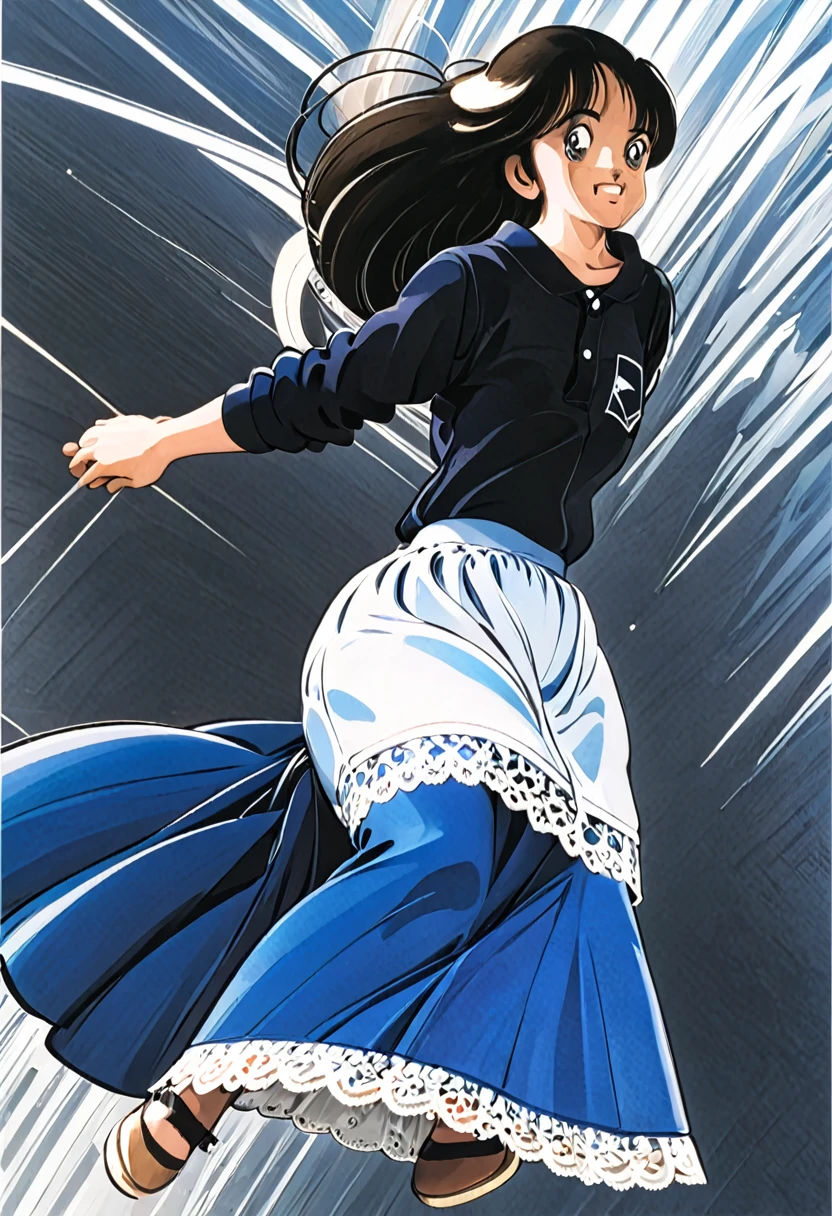 音無響子制服のLong skirt、The color is dark blue、
Low - Angle、制服のLong skirt、The color is dark blue、
Low - Angle、Long skirt、Hold down your skirt that is being blown up by the strong wind、Anime white panties in a strong wind、Crotch is visible
ローレグのパンツ、Color: White、
Crotch is visible、
、Lined、White lace lining、