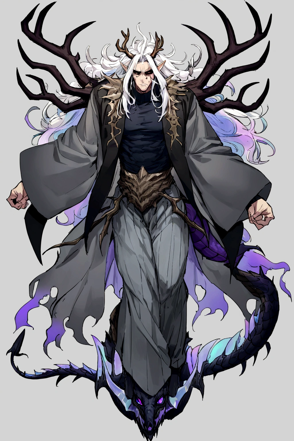 solo, 20 year old male, character fusion,  nidhogg fused with odin and sun wukong, tall tanned man with wild unruly white hair, bangs on face, bangs, ((iridescent irises)), black sclera on eyes, long voluminous hair, spiky hair, pointy ears, fit , clawed fingers, dragon tail, open haori, turtleneck tanktop, manly jaw, dark crystal antlers, exhausted expression, khaenr'ah abyss, draconic person, calamity incarnate,  full body
