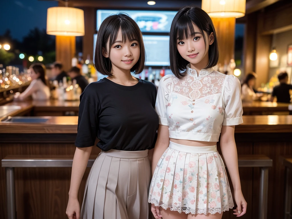 (Highest quality, masterpiece, Ultra-high resolution, 8K, RAW Photos, Realistic, Anatomically correct:1.5), (Stainless steel round bar fence:1.0, Put your elbow on the fence:1.2, high school girl、20-year-old girl:1.2, Embarrassing, avert your eyes, blush:1.0, View Viewer, ((bar)) 、Night view、 Light:1.2, Bokeh, Cinema Lighting:1.0, Depth of written boundary, sharp、 Cute face、Idol、Black short sleeve lace top、Black pleated skirt、Black clothing、”dwarf”、(Floral clothes)、Full Body Shot、Cowboy Shot、(( smile))、(Ultra short hair、Straight Hair)、(Straight bangs)、((One woman))、