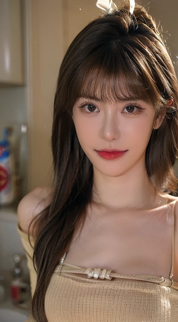 best qualtiy, Ultra-high resolution, (realisticlying:1.4),cute hairpin,Baoyu Girl,1girll, Beautiful woman with a slim figure:1.4, abs:1.1, (A brown-haired, mideum breasts:1.3), Long pink sweater:1.1, bathroom,Ultra-fine face,Elaborate Eyes,double eyelid,ssmile,choker necklace