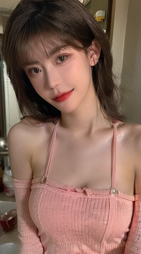 best qualtiy, Ultra-high resolution, (realisticlying:1.4),cute hairpin,Baoyu Girl,1girll, Beautiful woman with a slim figure:1.4, abs:1.1, (A brown-haired, mideum breasts:1.3), Long pink sweater:1.1, bathroom,Ultra-fine face,Elaborate Eyes,double eyelid,ssmile,choker necklace