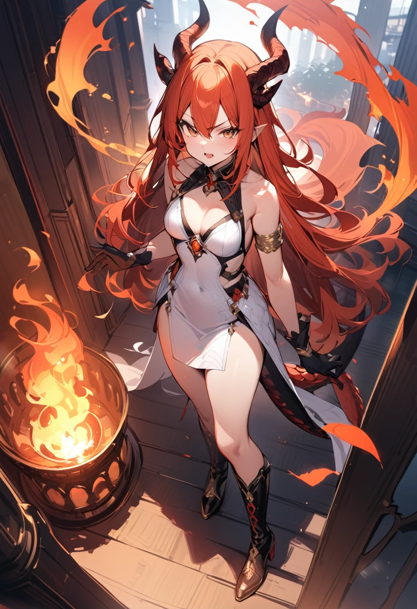 (masterpiece:1.2), (highest quality:1.2), 1girl, fire, solo, tail, horns, dragon-tail, dragon-girl, orange-hair, gloves, dress, dragon-horns, white-dress, looking-at-viewer, black-gloves, standing, bare-shoulders, full-body, red-hair, bangs, open-mouth, armlet, breasts, brown-eyes, scales, small-breasts, black-footwear, fiery-hair, hair-between-eyes, sleeveless, skirt, sleeveless-dress, jewelry, v-shaped-eyebrows, boots, orange-skirt