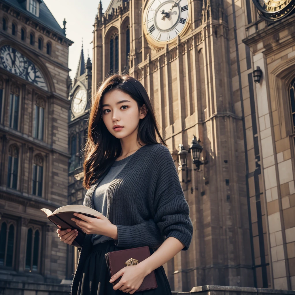 Beautiful woman holding a book standing in front of the clock tower,