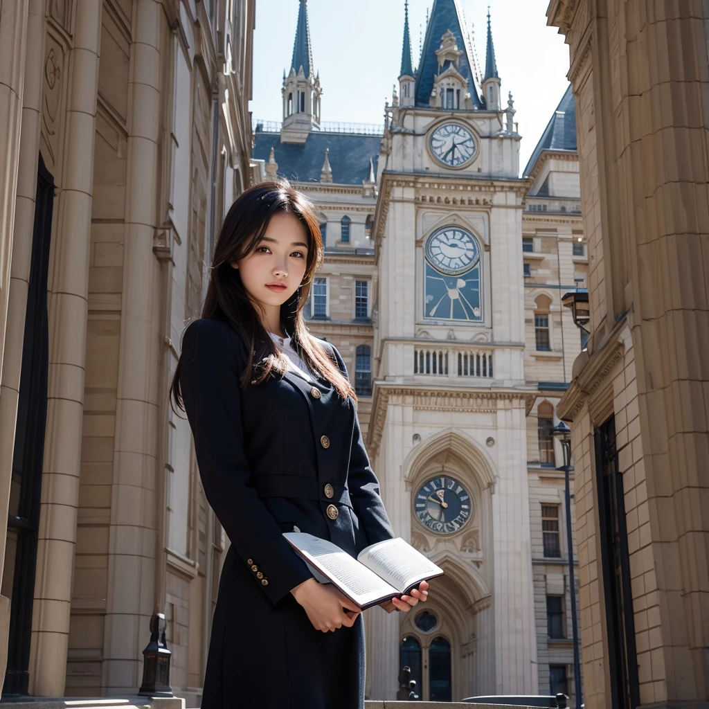 Beautiful woman holding a book standing in front of the clock tower,